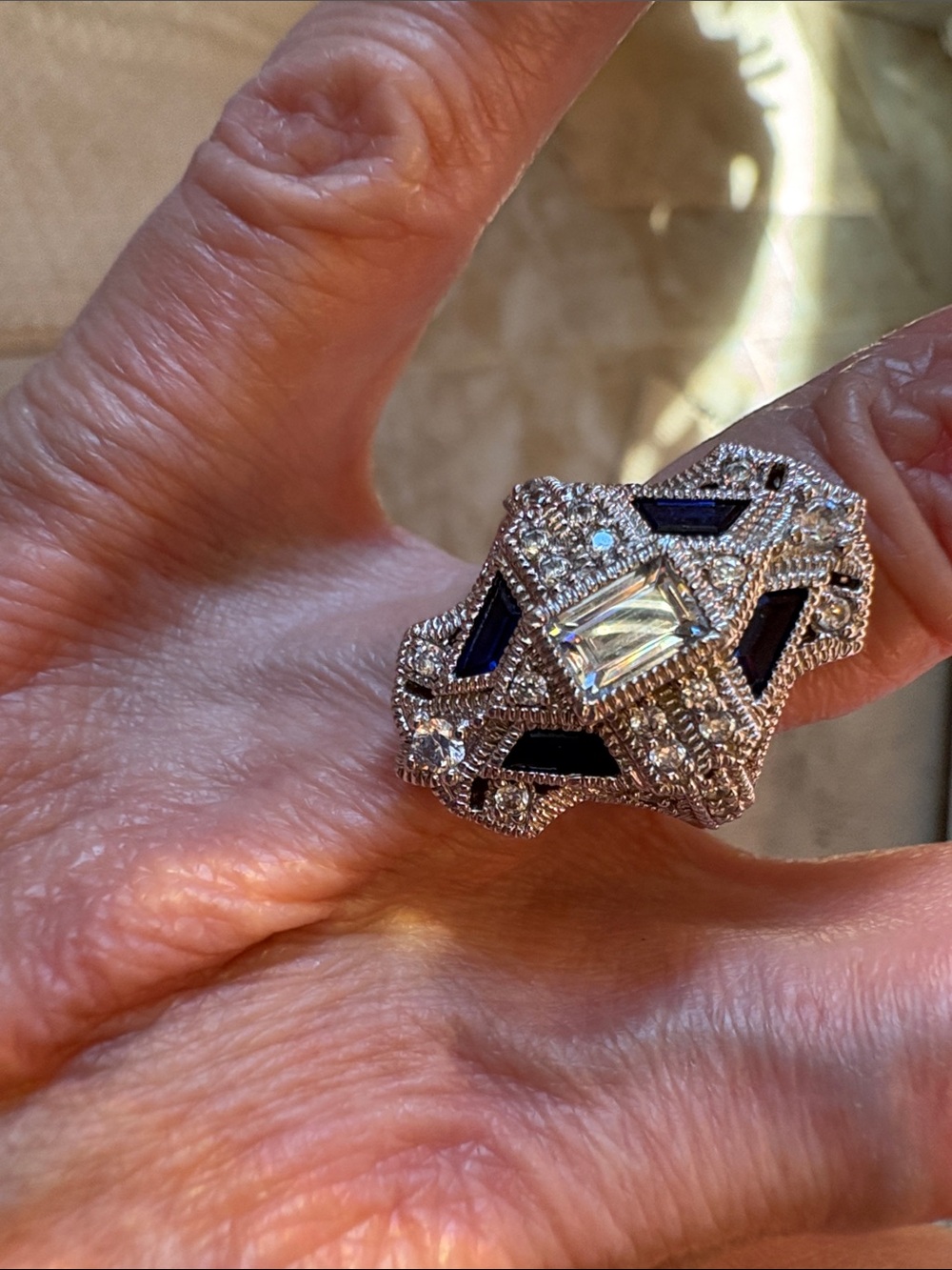 Size 6 Xavier Art Deco Sterling Silver Cocktail Ring with Blue & White CZs - Picture 2 of 7